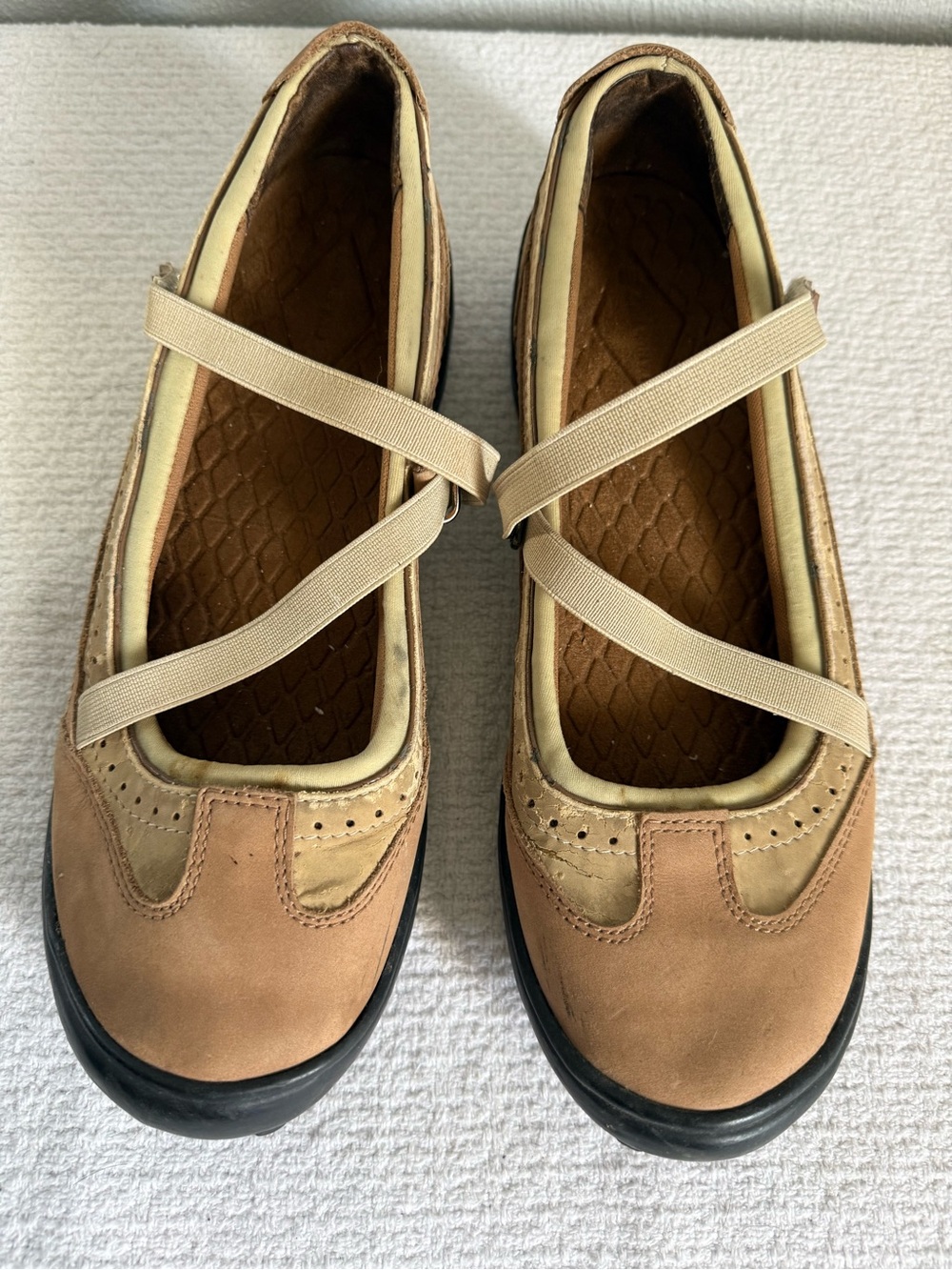 Lands' End Tan Mary Jane Flats with Elastic Cross Straps